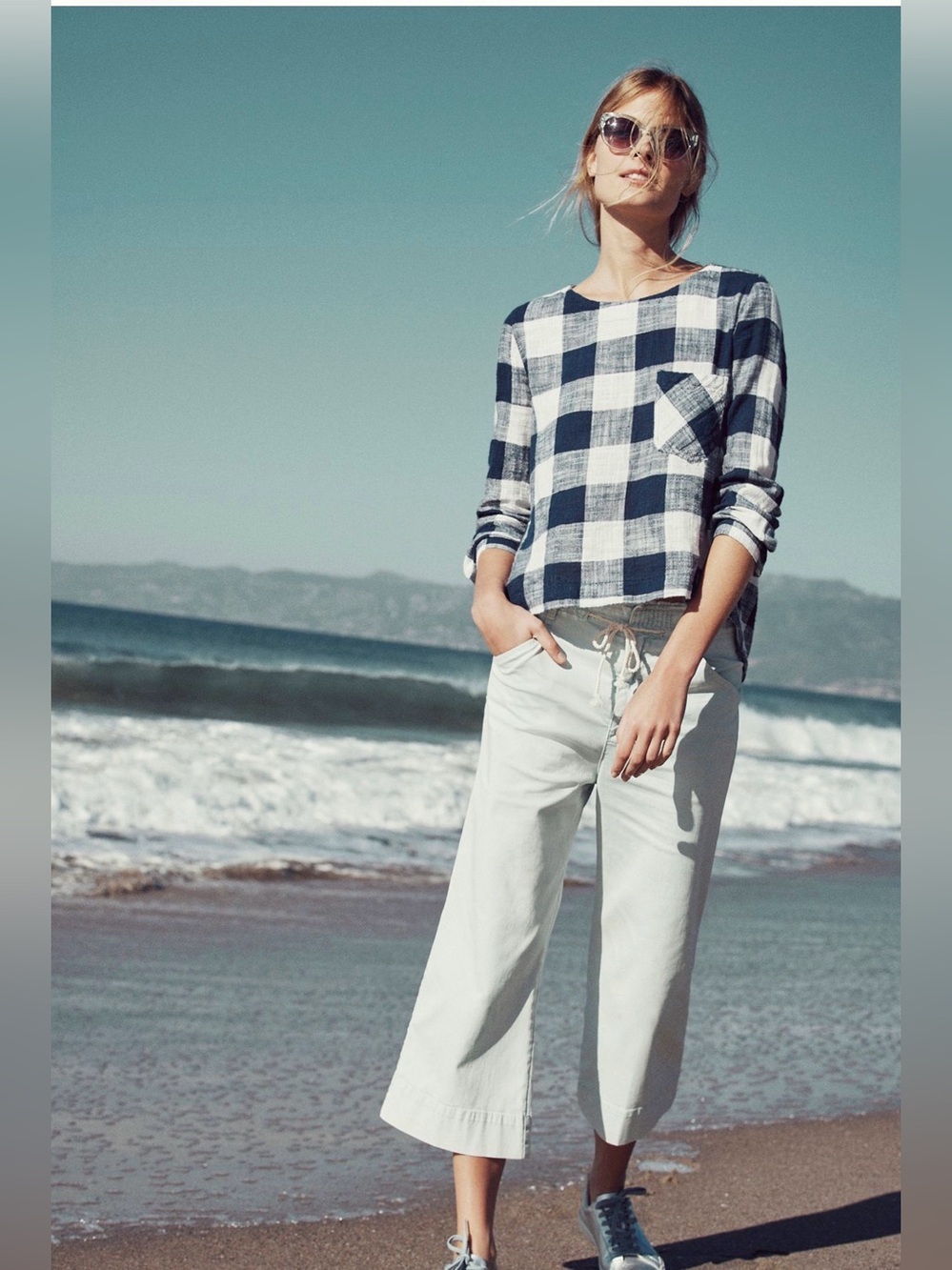 Anthropologie Cloth & Stone Blue/White Checkered Long Sleeve Shirt sz. S